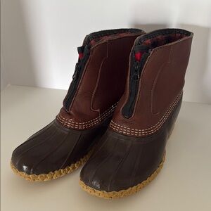 LL Bean - Brown and Tan - FLEECE LINED Leather Duck Boots - ZIPPER